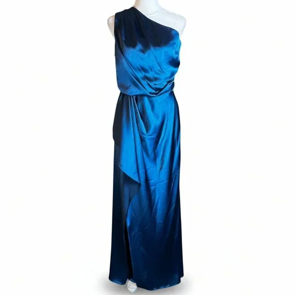 NWT XSCAPE One-Shoulder Satin Gown Ocean Blue Size 6 - Picture 5 of 16